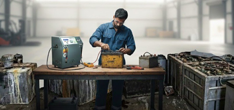 Battery regeneration process restoring used industrial batteries